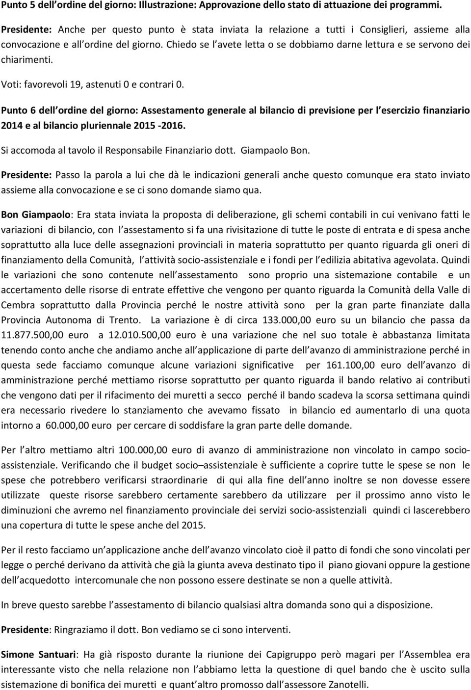 Chiedo se l avete letta o se dobbiamo darne lettura e se servono dei chiarimenti. Voti: favorevoli 19, astenuti 0 e contrari 0.