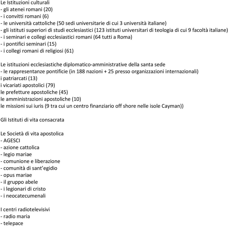 religiosi (61) Le istituzioni ecclesiastiche diplomatico-amministrative della santa sede - le rappresentanze pontificie (in 188 nazioni + 25 presso organizzazioni internazionali) i patriarcati (13) i