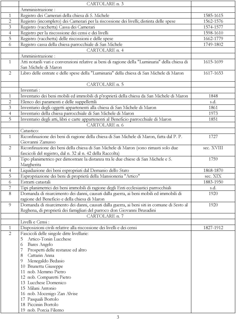 dei censi e dei livelli 1598-1610 5 Registro (vacchetta) delle riscossioni e delle spese 1662-1779 6 Registro cassa della chiesa parrocchiale di San Michele 1749-1802 CARTOLARE n.