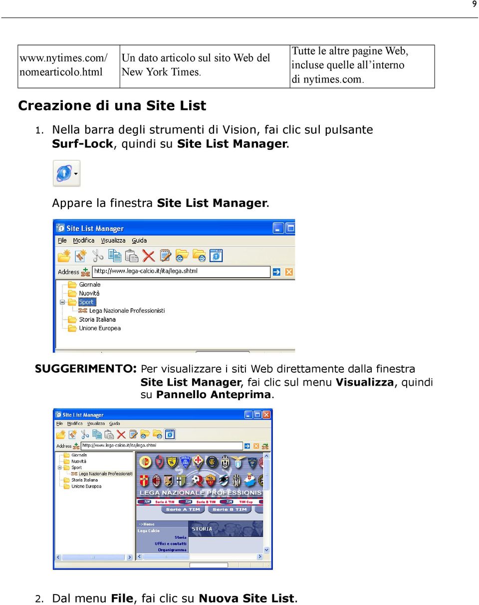 Nella barra degli strumenti di Vision, fai clic sul pulsante Surf-Lock, quindi su Site List Manager.