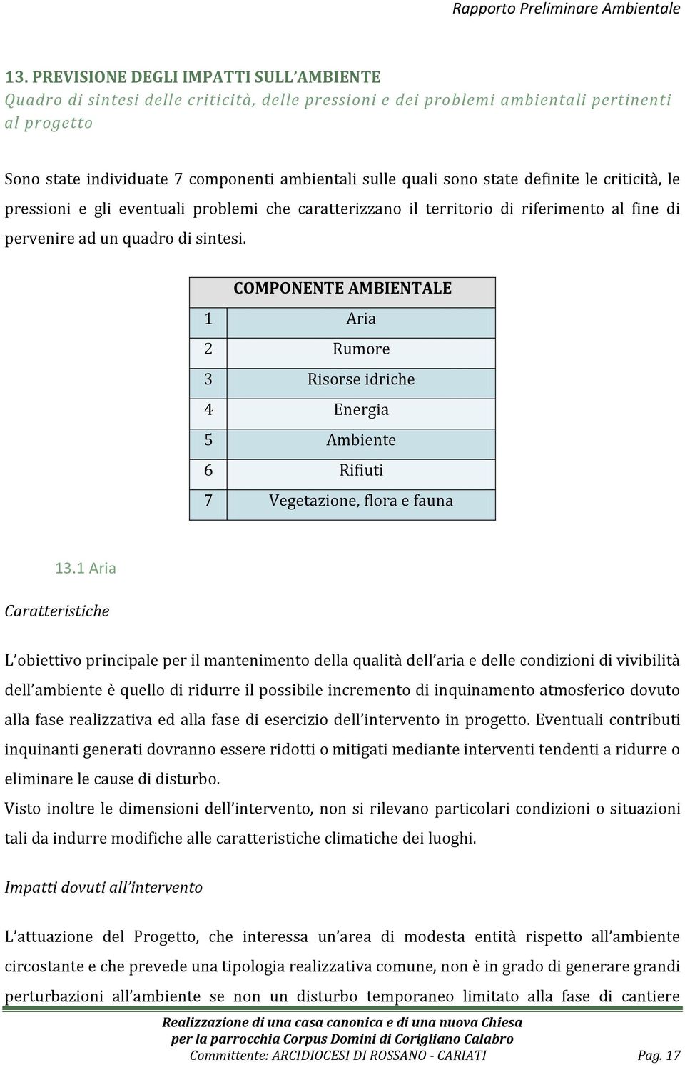 COMPONENTE AMBIENTALE 1 Aria 2 Rumore 3 Risorse idriche 4 Energia 5 Ambiente 6 Rifiuti 7 Vegetazione, flora e fauna 13.