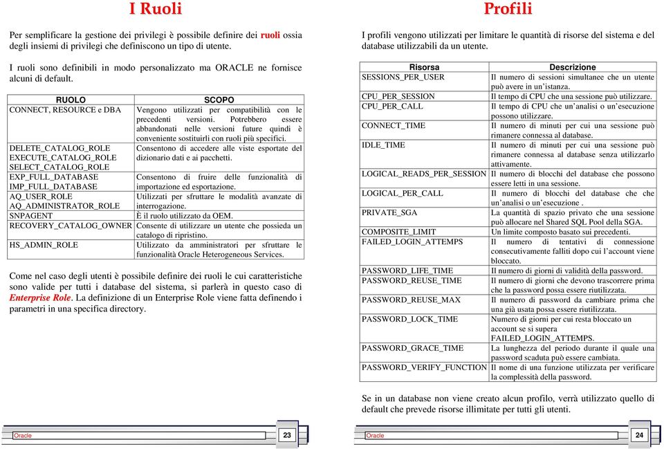 RUOLO CONNECT, RESOURCE e DBA DELETE_CATALOG_ROLE EXECUTE_CATALOG_ROLE SELECT_CATALOG_ROLE EXP_FULL_DATABASE MP_FULL_DATABASE AQ_USER_ROLE AQ_ADMNSTRATOR_ROLE SNPAGENT SCOPO Vengono utilizzati per