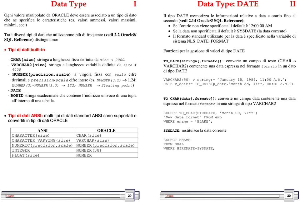 - VARCHAR2(size stringa a lunghezza variabile definita da size < 4000 - NUMBER(precision,scale a virgola fissa con scale cifre decimali e precision-scale cifre intere (es. NUMBER(3,2 1.