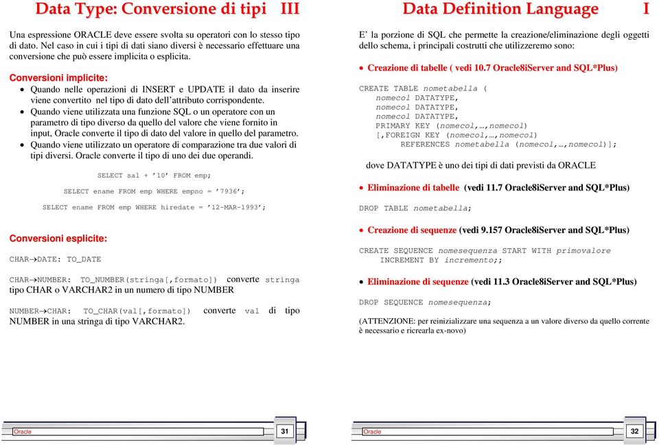 Conversioni implicite: Quando nelle operazioni di NSERT e UPDATE il dato da inserire viene convertito nel tipo di dato dell attributo corrispondente.