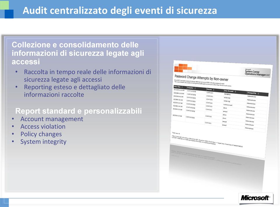 di sicurezza legate agli accessi Reporting esteso e dettagliato delle informazioni