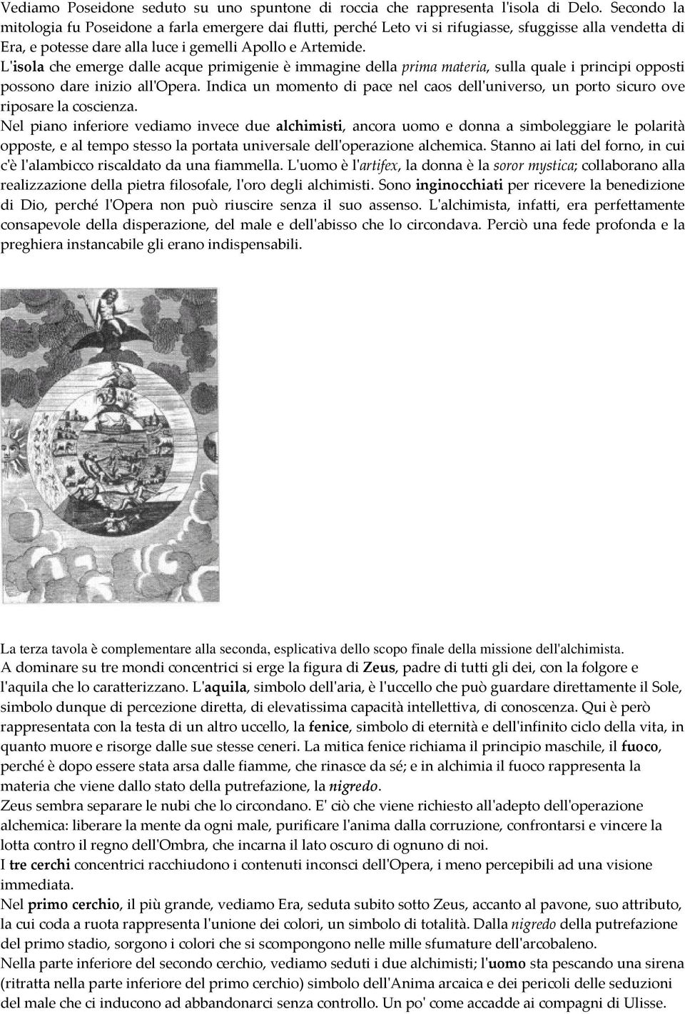 L'isola che emerge dalle acque primigenie è immagine della prima materia, sulla quale i principi opposti possono dare inizio all'opera.