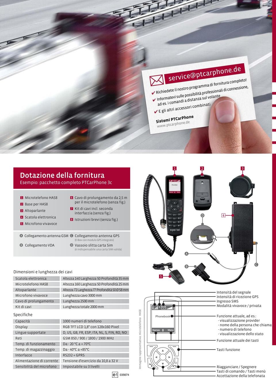 ) Collegamento antenna GSM Collegamento VDA Collegamento antenna GPS (E-Box con modulo GPS integrato) Vassoio slitta carta Sim (è indispensabile una carta SIM valida) Dimensioni e lunghezza dei cavi