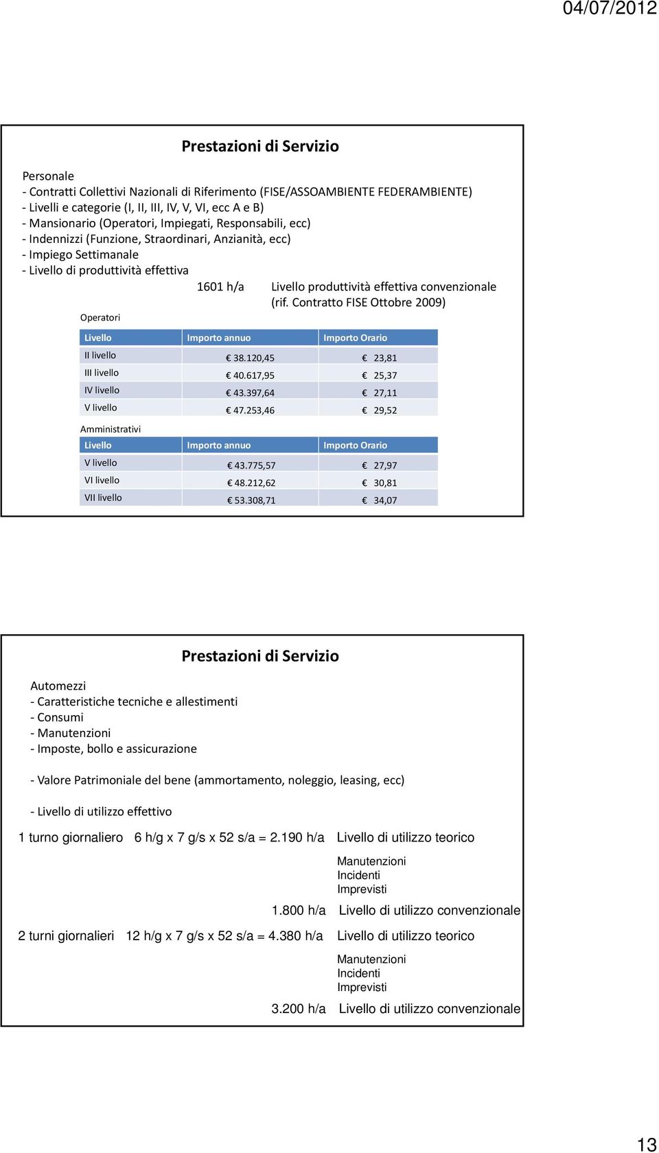 Contratto FISE Ottobre 2009) Operatori Livello Importo annuo Importo Orario II livello 38.120,45 23,81 III livello 40.617,95 25,37 IV livello 43.397,64 27,11 V livello 47.