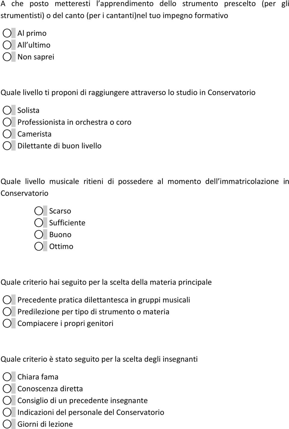 immatricolazione in Conservatorio Quale criterio hai seguito per la scelta della materia principale Precedente pratica dilettantesca in gruppi musicali Predilezione per tipo di strumento o materia