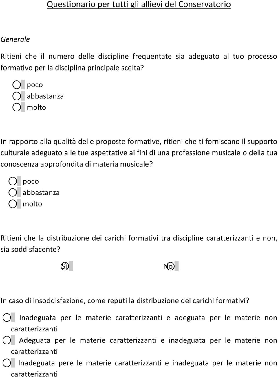 conoscenza approfondita di materia musicale? poco abbastanza molto Ritieni che la distribuzione dei carichi formativi tra discipline caratterizzanti e non, sia soddisfacente?