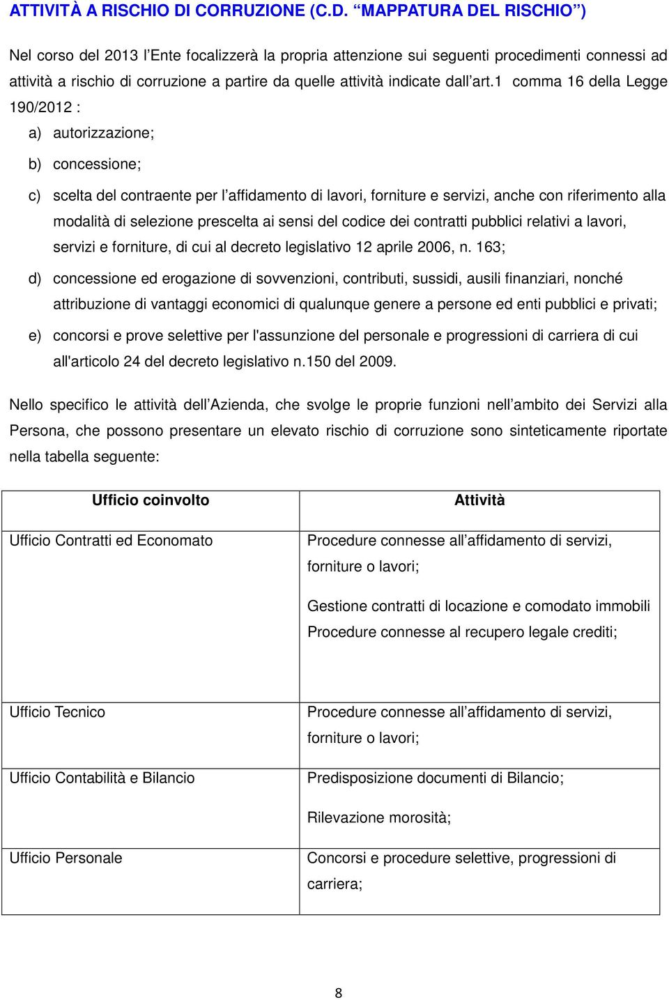 MAPPATURA DEL RISCHIO ) Nel corso del 2013 l Ente focalizzerà la propria attenzione sui seguenti procedimenti connessi ad attività a rischio di corruzione a partire da quelle attività indicate dall