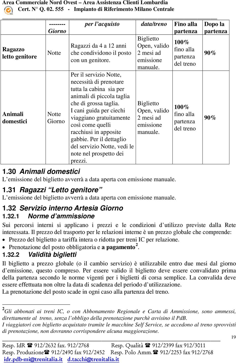 I cani guida per ciechi viaggiano gratuitamente così come quelli racchiusi in apposite gabbie. Per il dettaglio del servizio Notte, vedi le note nel prospetto dei prezzi.