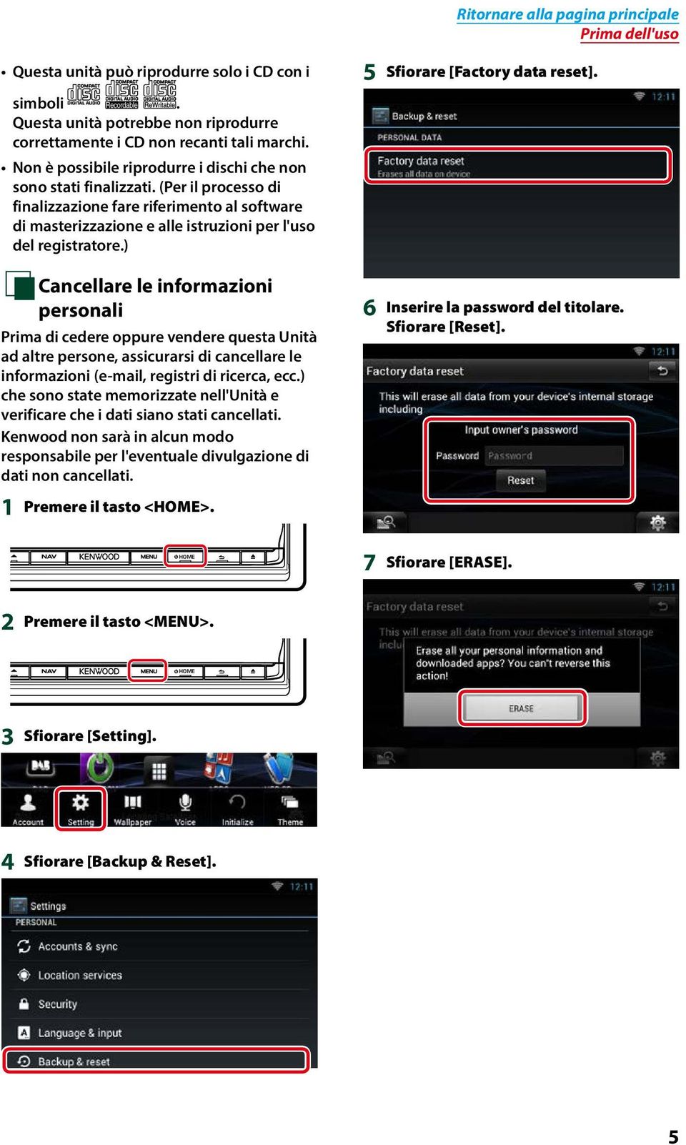 ) ÑCancellare Ñ le informazioni personali Prima di cedere oppure vendere questa Unità ad altre persone, assicurarsi di cancellare le informazioni (e-mail, registri di ricerca, ecc.