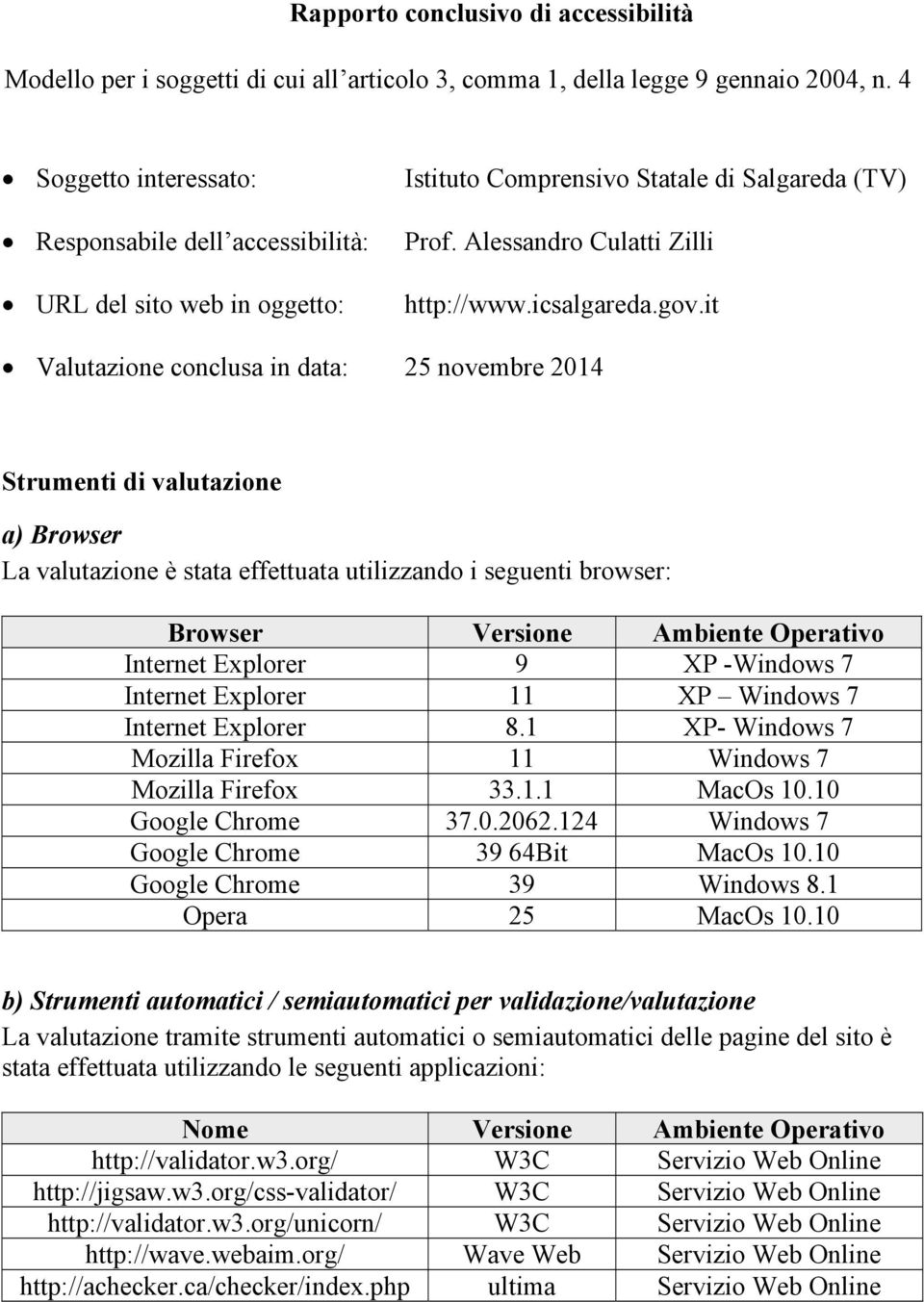 it Valutazione conclusa in data: 25 novembre 2014 Strumenti di valutazione a) Browser La valutazione è stata effettuata utilizzando i seguenti browser: Browser Verone Ambiente Operativo Internet