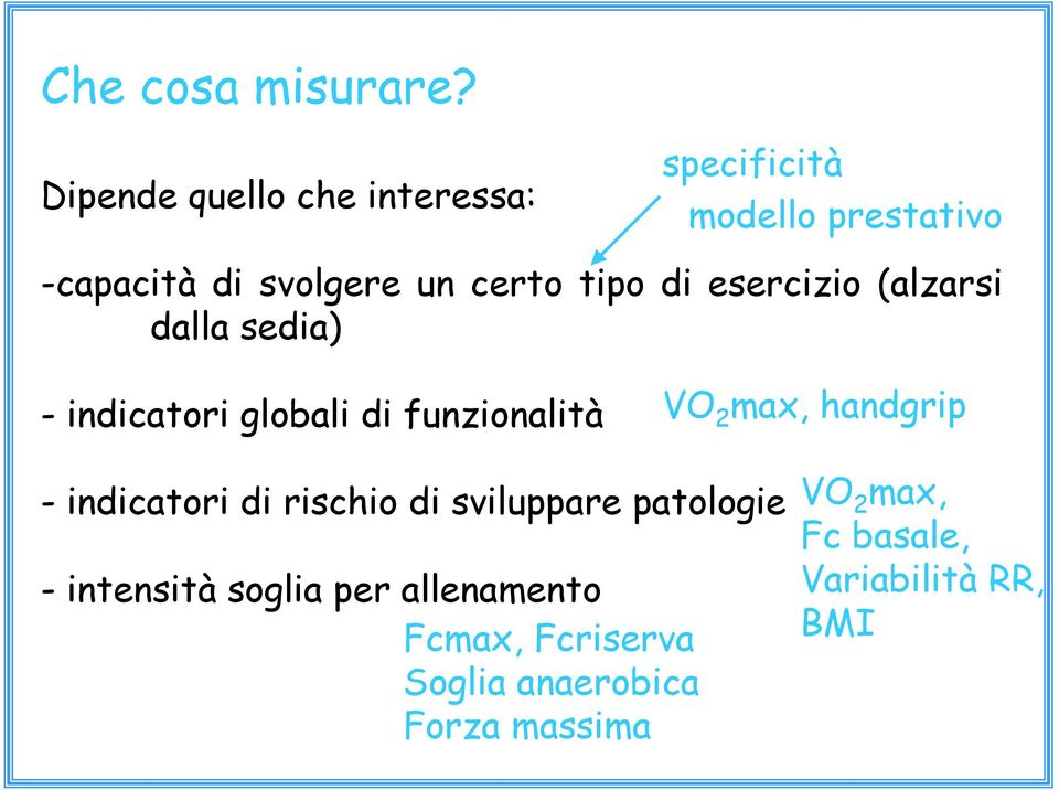 tipo di esercizio (alzarsi dalla sedia) - indicatori globali di funzionalità VO 2 max,