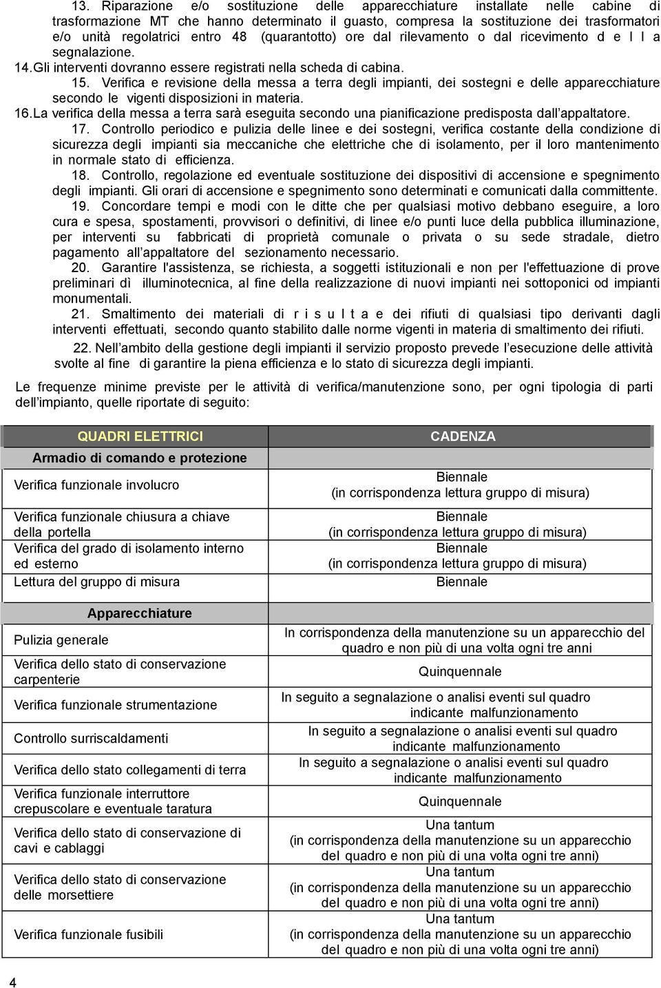 Verifica e revisione della messa a terra degli impianti, dei sostegni e delle apparecchiature secondo le vigenti disposizioni in materia. 16.