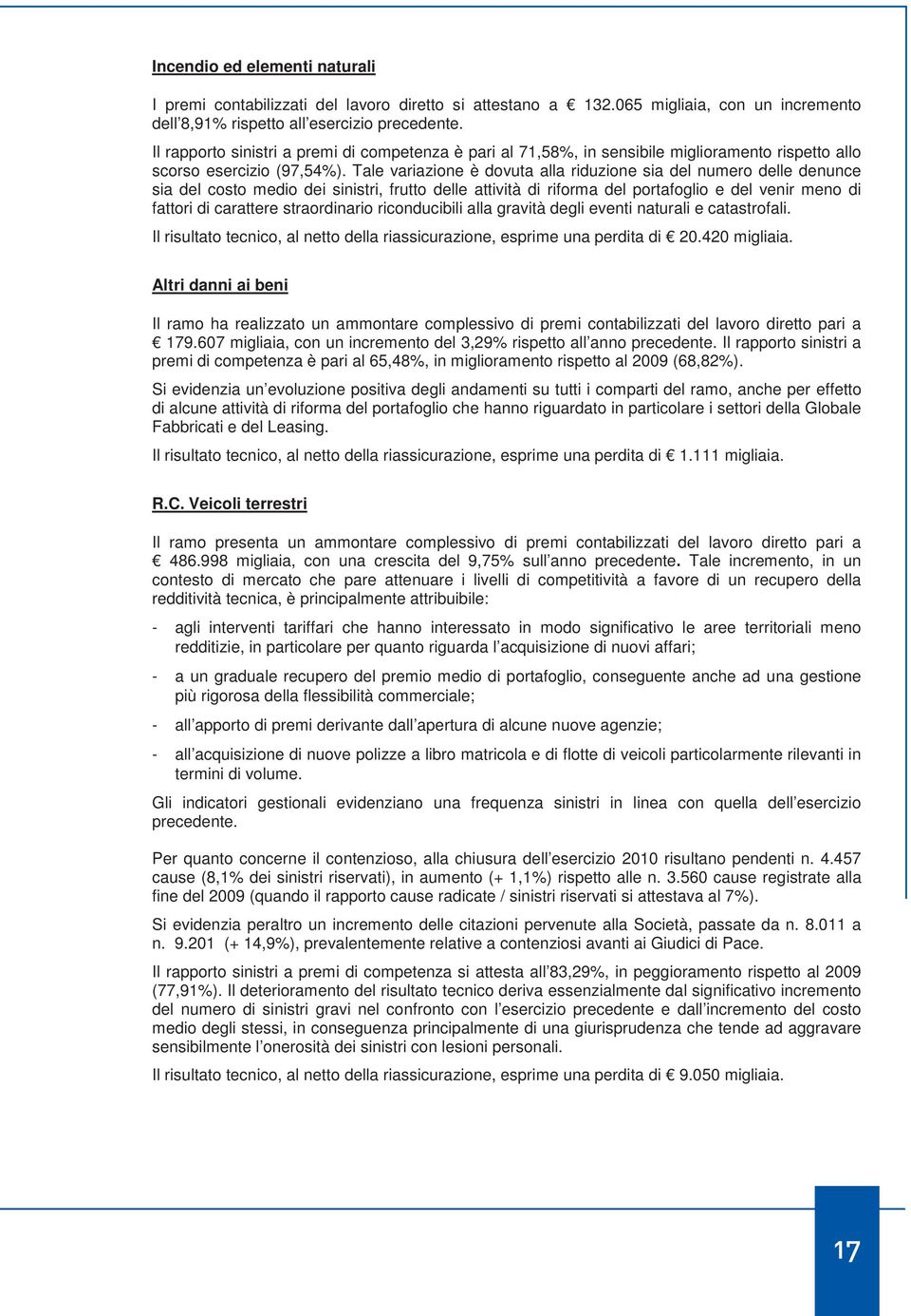 Tale variazione è dovuta alla riduzione sia del numero delle denunce sia del costo medio dei sinistri, frutto delle attività di riforma del portafoglio e del venir meno di fattori di carattere