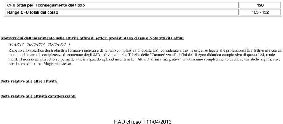 dal mondo del lavoro, la completezza di contenuto degli SSD individuati nella Tabella delle "Caratterizzanti" ai fini del disegno didattico complessivo di questa LM, rende inutile il ricorso ad altri