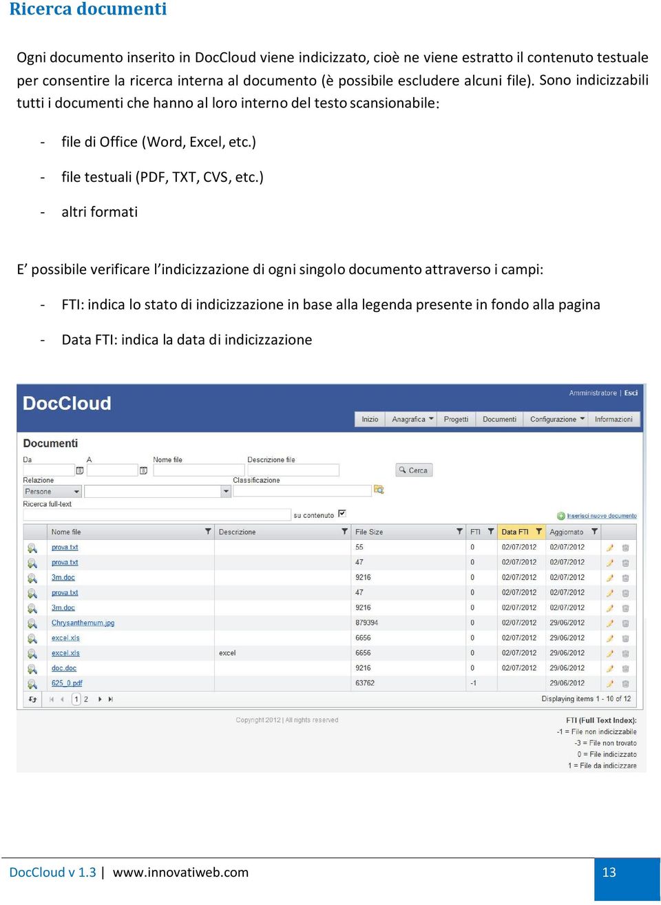 Sono indicizzabili tutti i documenti che hanno al loro interno del testo scansionabile: - file di Office (Word, Excel, etc.) - file testuali (PDF, TXT, CVS, etc.