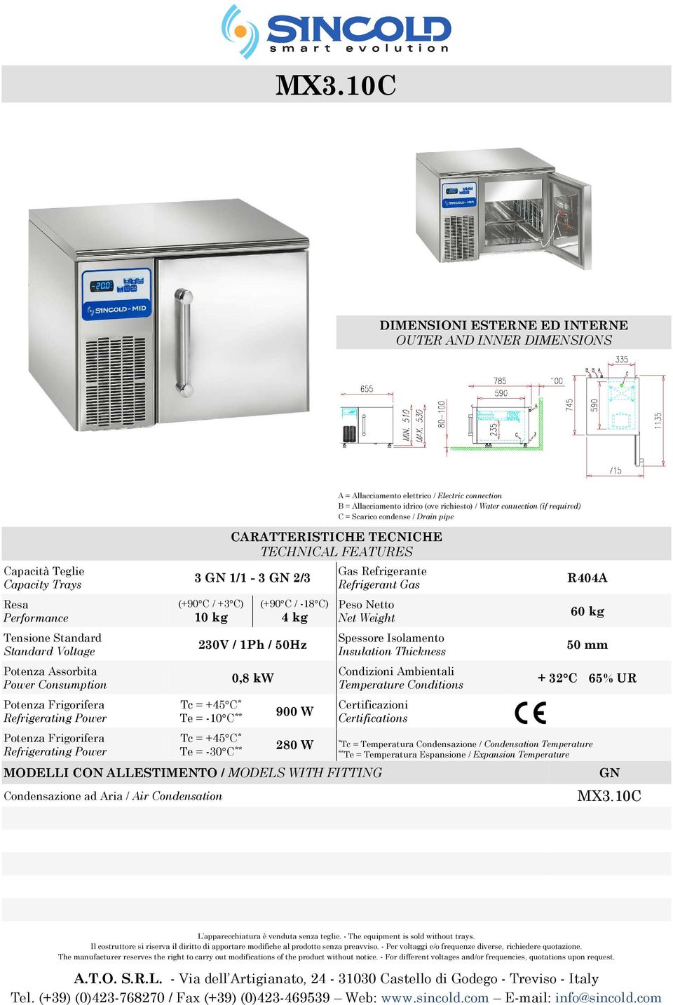 GN 1/1-3 GN 2/3 (+90 C / +3 C) 10 kg (+90 C / -18 C) 4 kg 230V / 1Ph / 50Hz Te = -10 C ** Te = -30 C ** 0,8 kw 900 W Gas Refrigerante Refrigerant Gas Peso Netto Net Weight Spessore Isolamento
