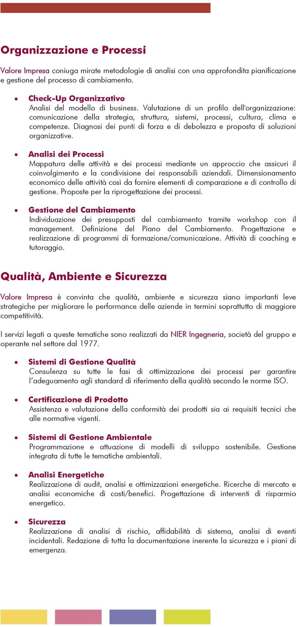 Diagnosi dei punti di forza e di debolezza e proposta di soluzioni organizzative.