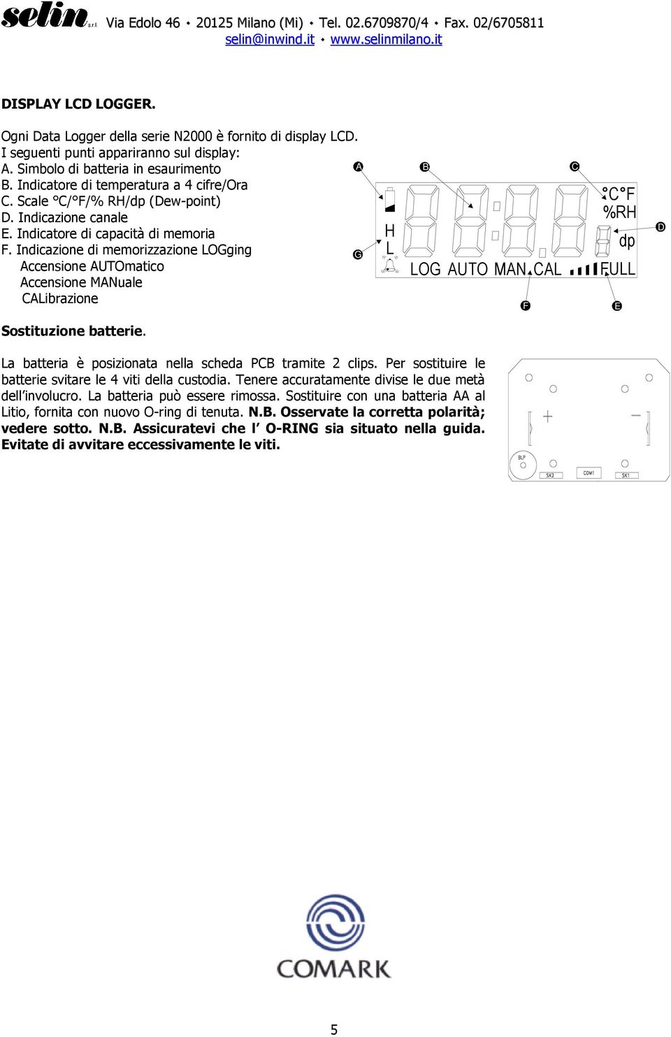 Indicazione di memorizzazione LOGging Accensione AUTOmatico Accensione MANuale CALibrazione A G H L B LOG AUTO MAN CAL F C C F %RH dp FULL E D Sostituzione batterie.