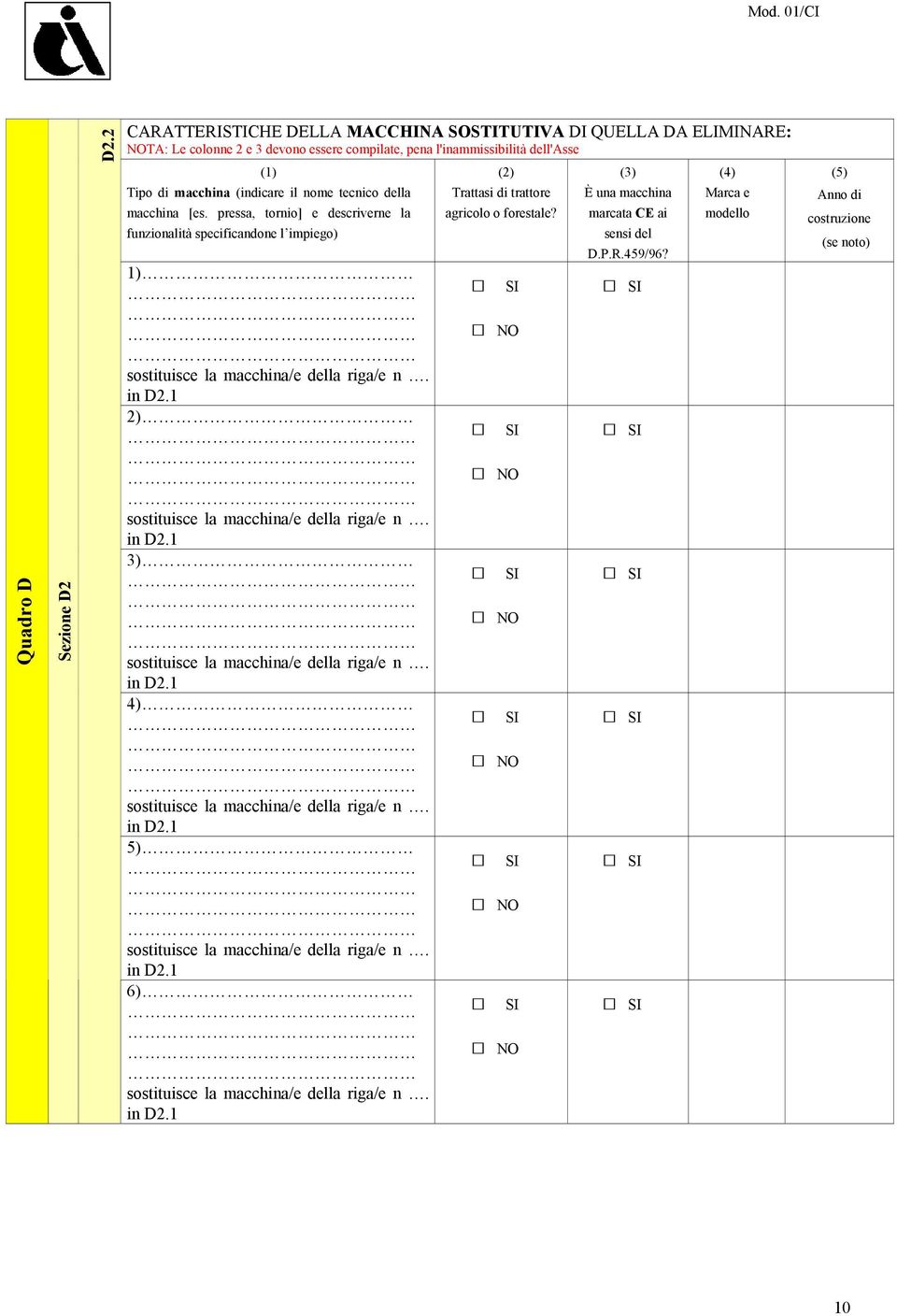della macchina [es. pressa, tornio] e descriverne la funzionalità specificandone l impiego) 1) sostituisce la macchina/e della riga/e n. in D2.1 2) sostituisce la macchina/e della riga/e n. in D2.1 3) sostituisce la macchina/e della riga/e n.