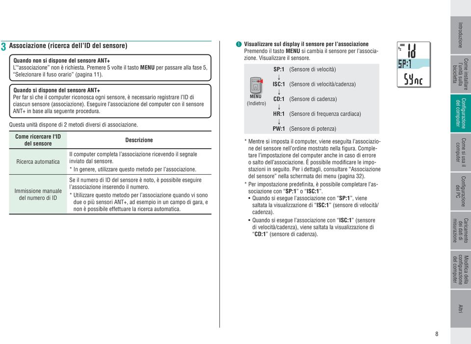 Quando si dispone del sensore ANT+ Per far sì che il riconosca ogni sensore, è necessario registrare l ID di ciascun sensore (associazione).