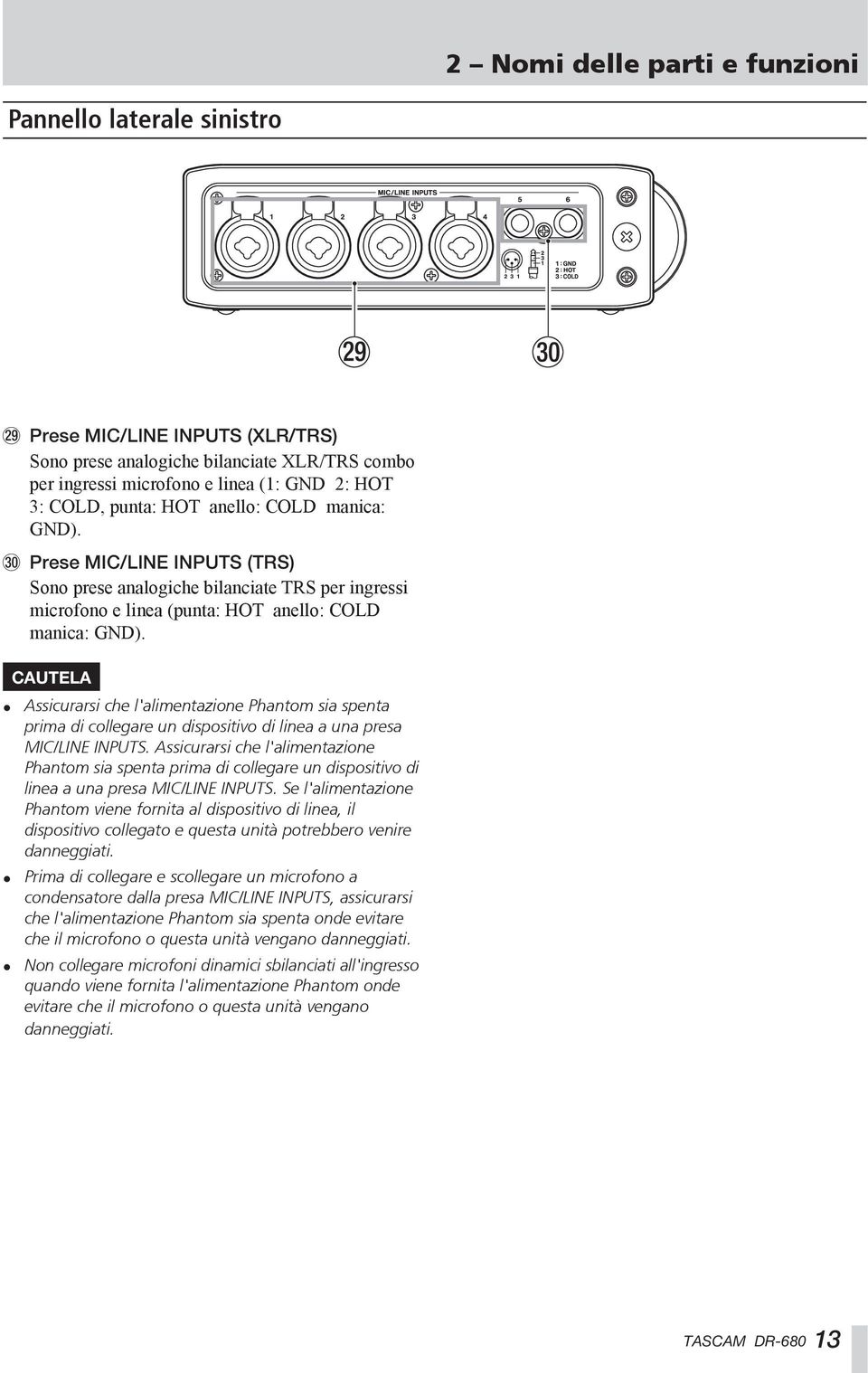 CAUTELA Assicurarsi che l'alimentazione Phantom sia spenta prima di collegare un dispositivo di linea a una presa MIC/LINE INPUTS.