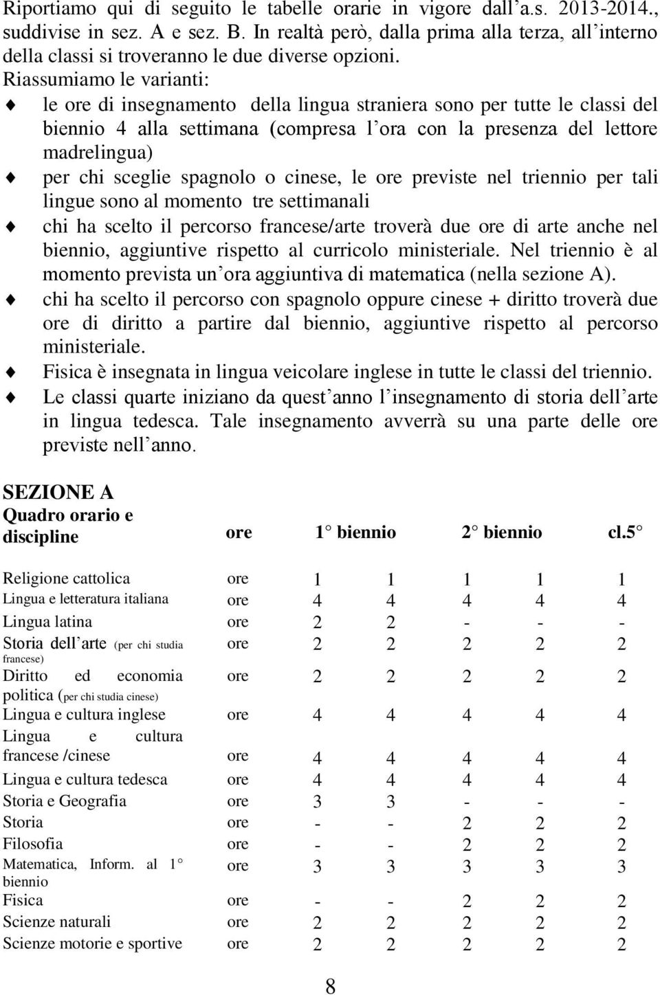 Riassumiamo le varianti: le ore di insegnamento della lingua straniera sono per tutte le classi del biennio 4 alla settimana (compresa l ora con la presenza del lettore madrelingua) per chi sceglie