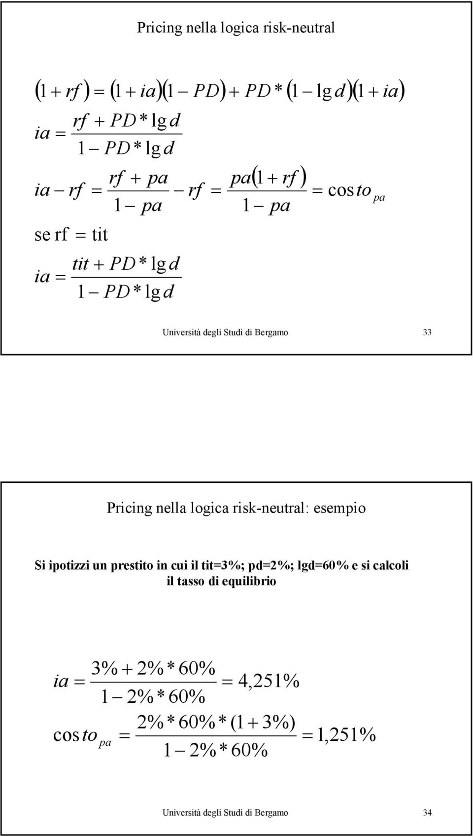 Pricing nella logica risk-neutral: esempio Si ipotizzi un prestito in cui il tit=3%; pd=2%; lgd=60% e si calcoli il tasso di