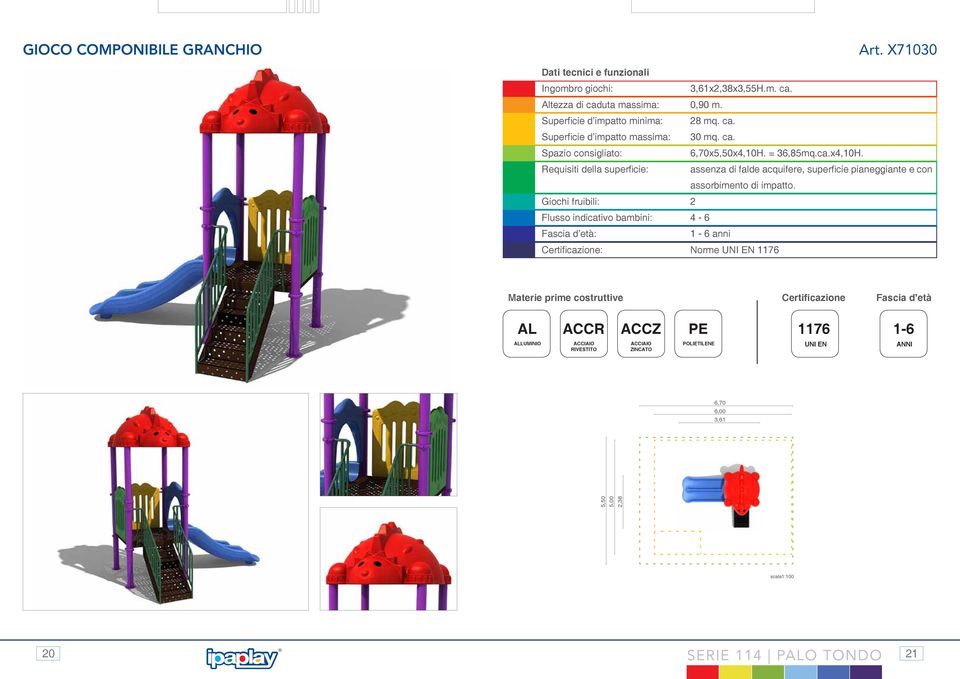 Requisiti della superficie: Giochi fruibili: Flusso indicativo bambini: : : 3,61x2,38x3,55H.m. ca. 0,90 m. 28 mq. ca. 30 mq. ca. 6,70x5,50x4,10H.