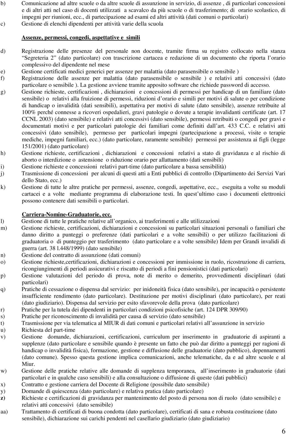 , di partecipazione ad esami ed altri attività (dati comuni o particolari) c) Gestione di elenchi dipendenti per attività varie della scuola Assenze, permessi, congedi, aspettative e simili d)