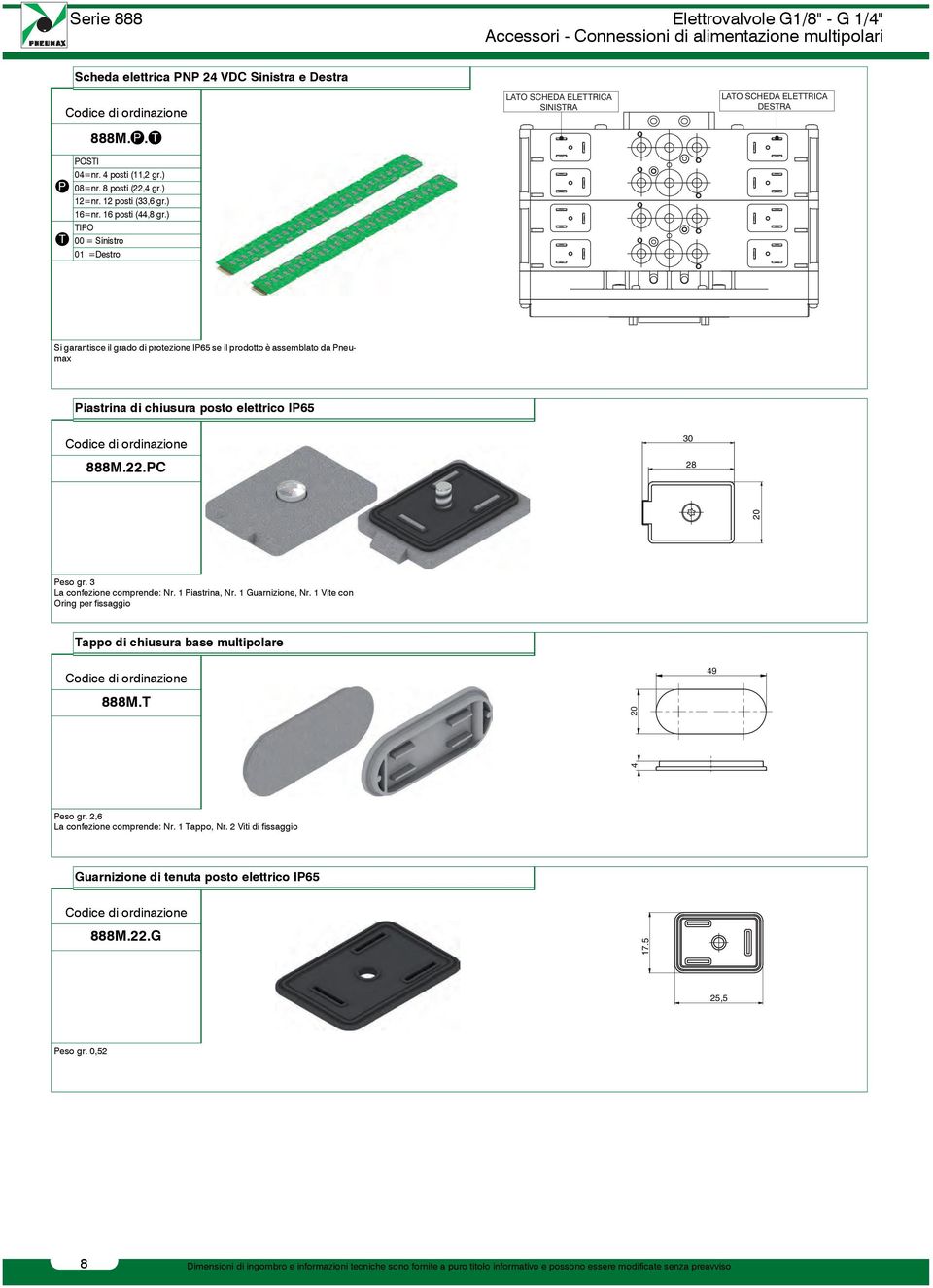 ) t TIPO 00 = Sinistro 01 =Destro Si garantisce il grado di protezione IP65 se il prodotto è assemblato da Pneumax Elettroalole Accessori Scheda elettrica - Connessioni G1/8" PNP - G 241/4" di VDC