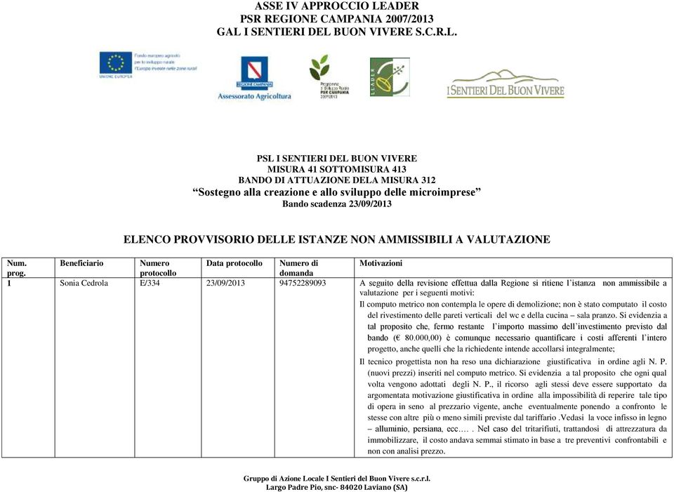 della revisione effettua dalla Regione si ritiene l istanza non ammissibile a - Il computo metrico non contempla le opere di demolizione; non è stato computato il costo del rivestimento delle pareti