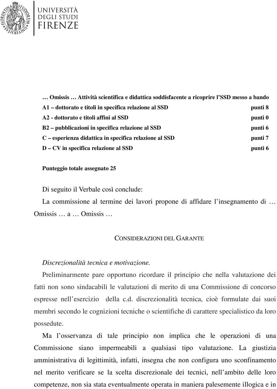 Verbale così conclude: La commissione al termine dei lavori propone di affidare l insegnamento di Omissis a Omissis CONSIDERAZIONI DEL GARANTE Discrezionalità tecnica e motivazione.