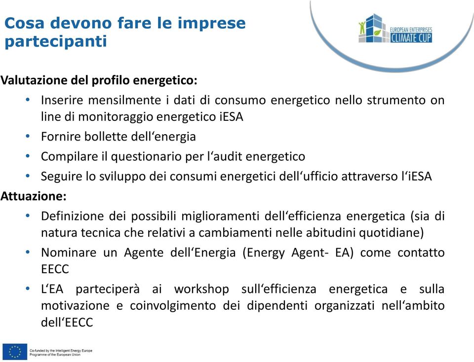 Attuazione: Definizione dei possibili miglioramenti dell efficienza energetica (sia di natura tecnica che relativi a cambiamenti nelle abitudini quotidiane) Nominare un Agente