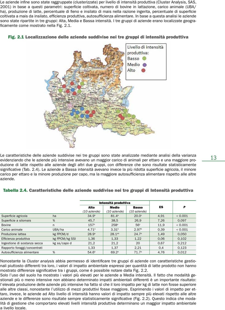 produttiva, autosufficienza alimentare. In base a questa analisi le aziende sono state ripartite in tre gruppi: Alta, Media e Bassa intensità.