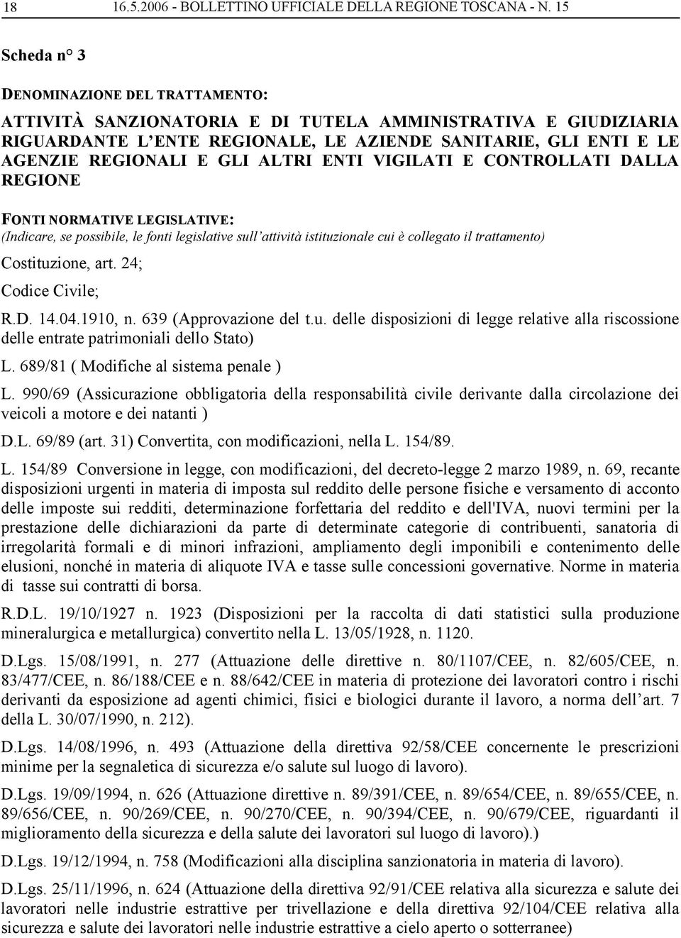 ALTRI ENTI VIGILATI E CONTROLLATI DALLA REGIONE FONTI NORMATIVE LEGISLATIVE: (Indicare, se possibile, le fonti legislative sull attività istituzionale cui è collegato il trattamento) Costituzione,