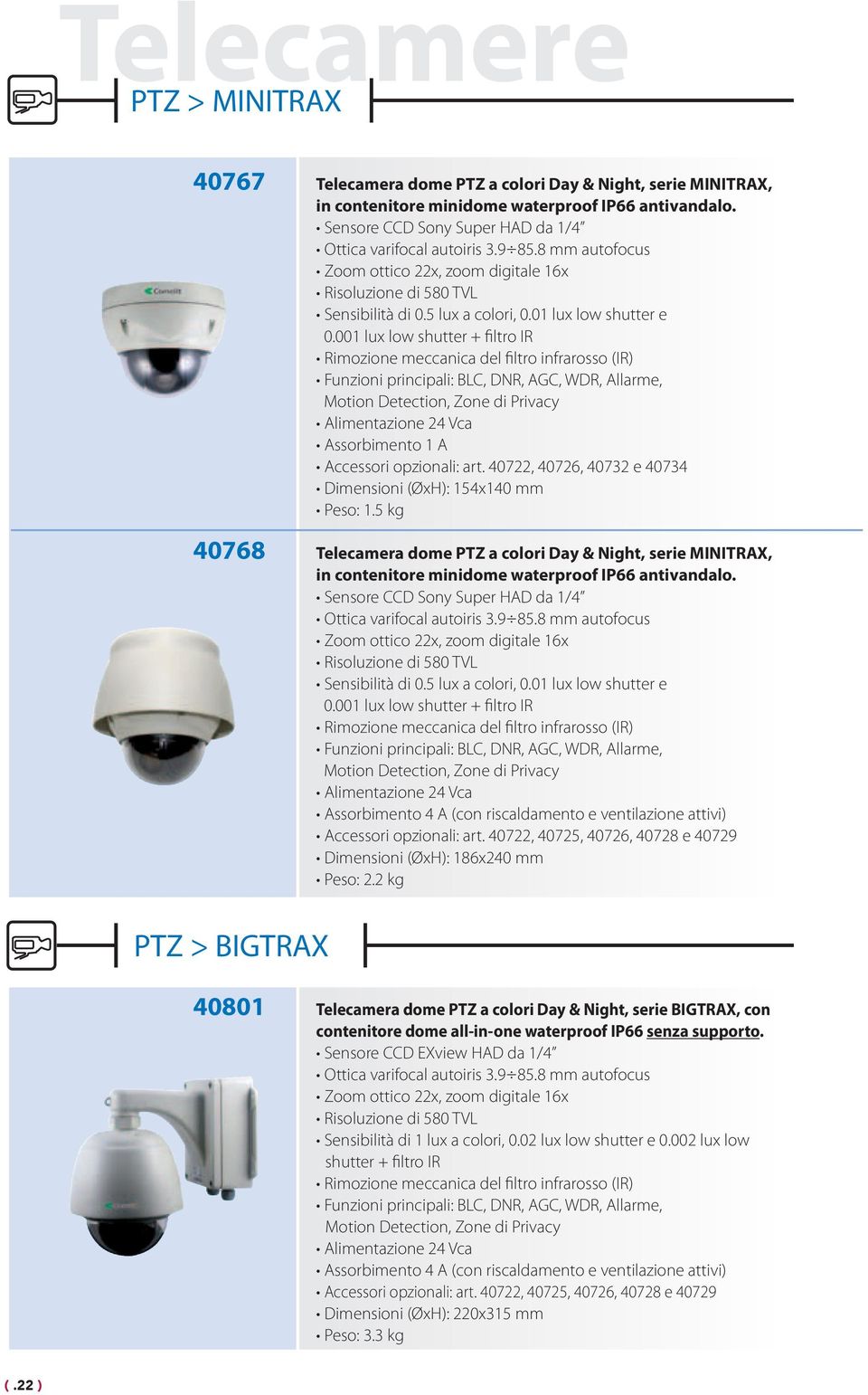 001 lux low shutter + filtro IR Rimozione meccanica del filtro infrarosso (IR) Funzioni principali: BLC, DNR, AGC, WDR, Allarme, Motion Detection, Zone di Privacy Alimentazione 24 Vca Assorbimento 1