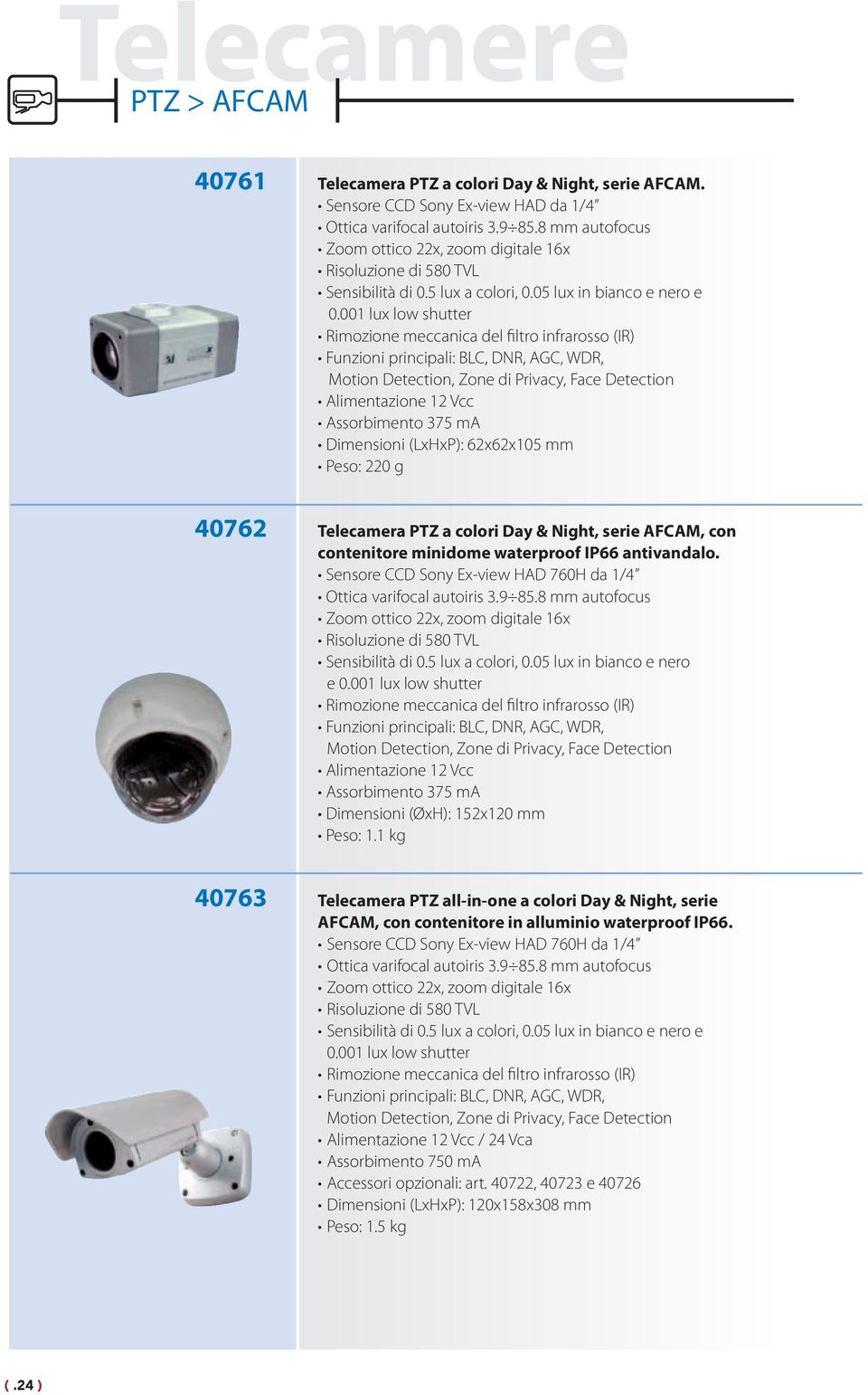 001 lux low shutter Rimozione meccanica del filtro infrarosso (IR) Funzioni principali: BLC, DNR, AGC, WDR, Motion Detection, Zone di Privacy, Face Detection Alimentazione 12 Vcc Assorbimento 375 ma