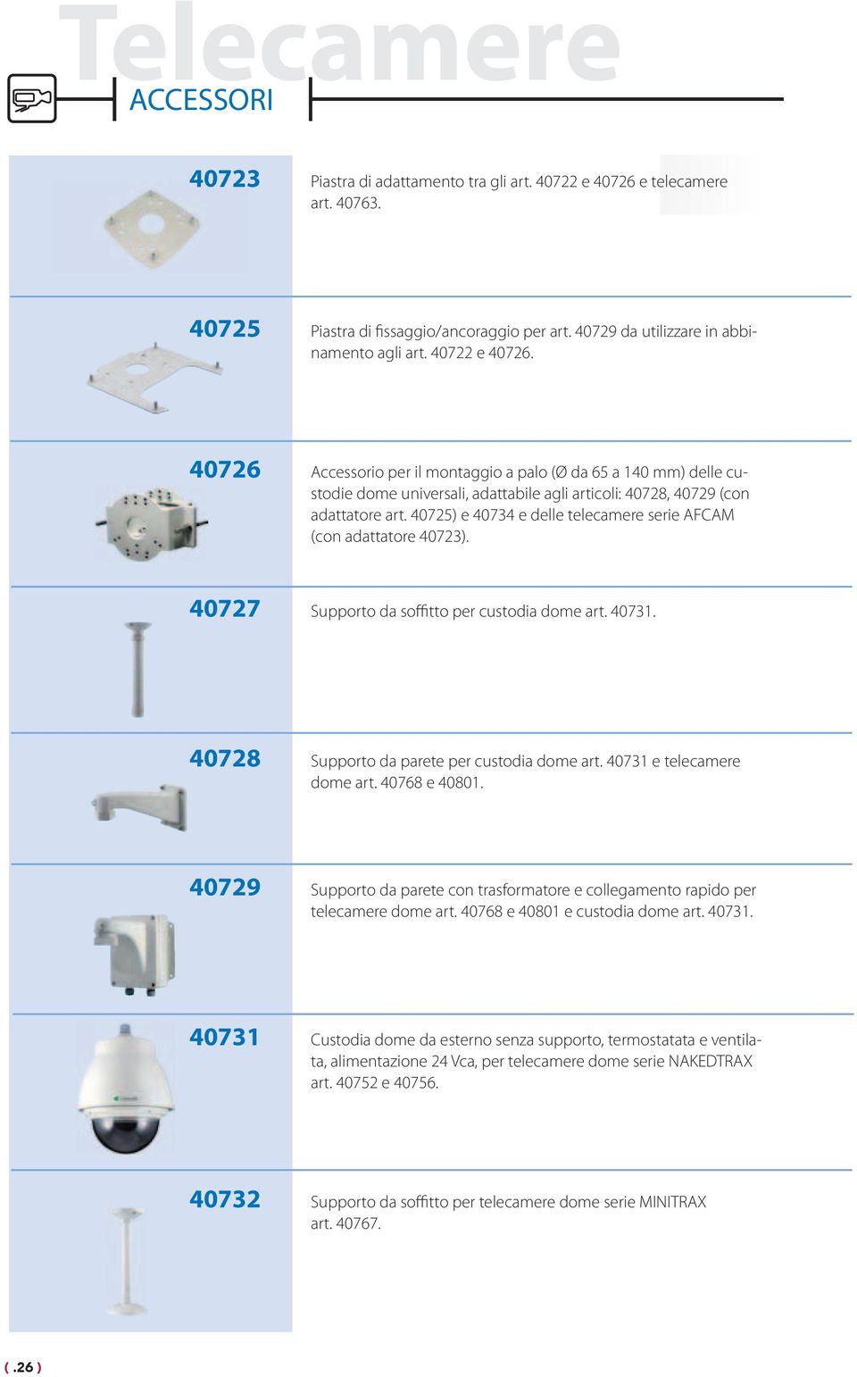 40725) e 40734 e delle telecamere serie AFCAM (con adattatore 40723). 40727 Supporto da soffitto per custodia dome art. 40731. 40728 Supporto da parete per custodia dome art.