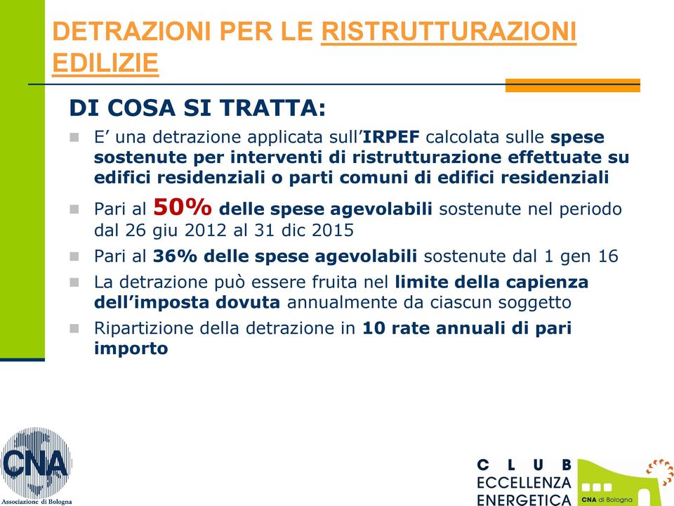 sostenute nel periodo dal 26 giu 2012 al 31 dic 2015 Pari al 36% delle spese agevolabili sostenute dal 1 gen 16 La detrazione può essere