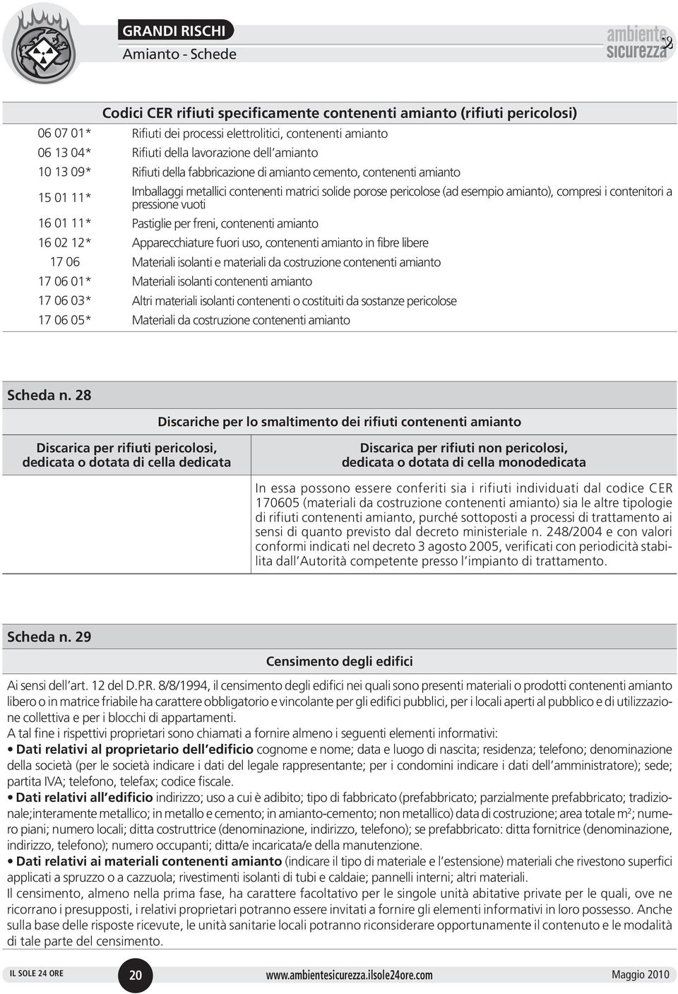 vuoti 16 01 11* Pastiglie per freni, contenenti amianto 16 02 12* Apparecchiature fuori uso, contenenti amianto in fibre libere 17 06 Materiali isolanti e materiali da costruzione contenenti amianto