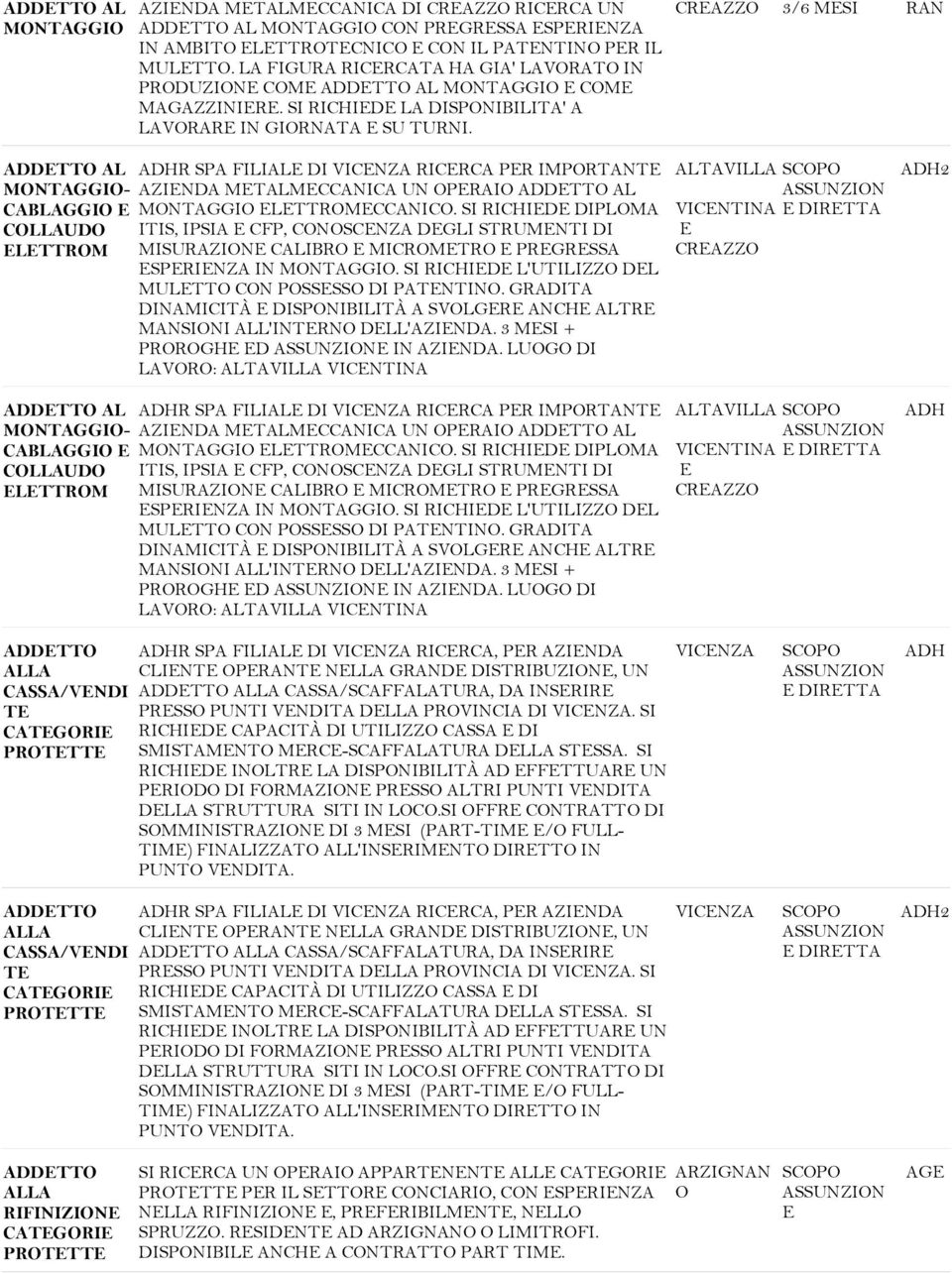 CRAZZO 3/6 MSI RAN ADDTTO AL MONTAGGIO- CABLAGGIO COLLAUDO LTTROM ADDTTO AL MONTAGGIO- CABLAGGIO COLLAUDO LTTROM ADHR SPA FILIAL DI RICRCA PR IMPORTANT AZINDA MTALMCCANICA UN OPRAIO ADDTTO AL