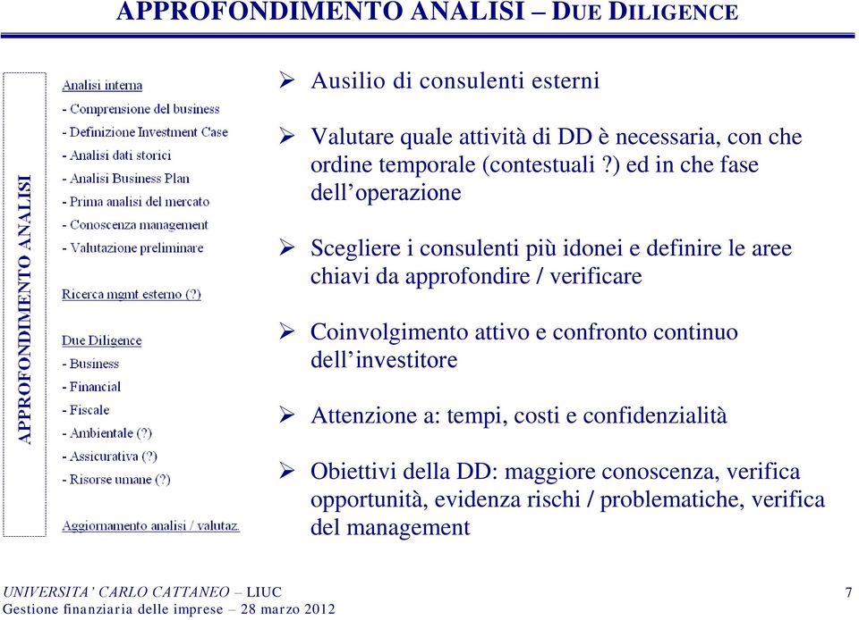 ) ed in che fase dell operazione Scegliere i consulenti più idonei e definire le aree chiavi da approfondire / verificare