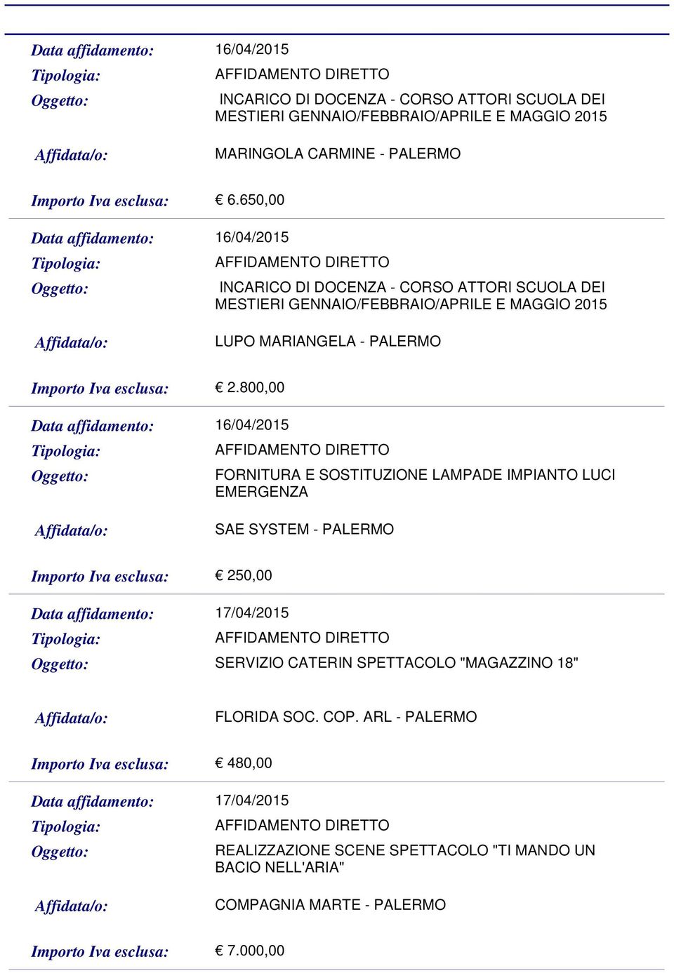 800,00 FORNITURA E SOSTITUZIONE LAMPADE IMPIANTO LUCI EMERGENZA SAE SYSTEM - PALERMO 250,00 17/04/2015 SERVIZIO CATERIN SPETTACOLO