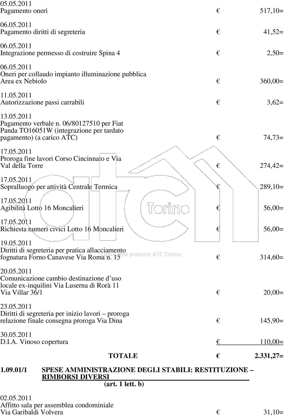 06/80127510 per Fiat Panda TO16051W (integrazione per tardato pagamento) (a carico ATC) 74,73= Proroga fine lavori Corso Cincinnato e Via Val della Torre 274,42= Sopralluogo per attività Centrale