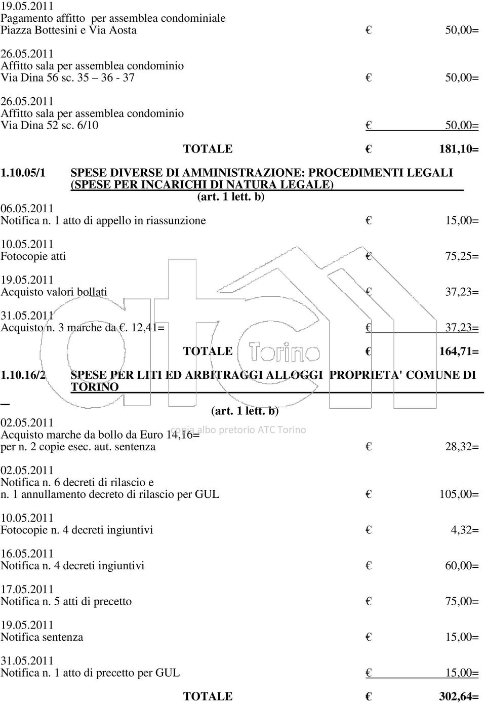 1 atto di appello in riassunzione 15,00= 10.05.2011 Fotocopie atti 75,25= Acquisto valori bollati 37,23= 31.05.2011 Acquisto n. 3 marche da. 12,41= 37,23= TOTALE 164,71= 1.10.16/2 SPESE PER LITI ED ARBITRAGGI ALLOGGI PROPRIETA' COMUNE DI TORINO 02.