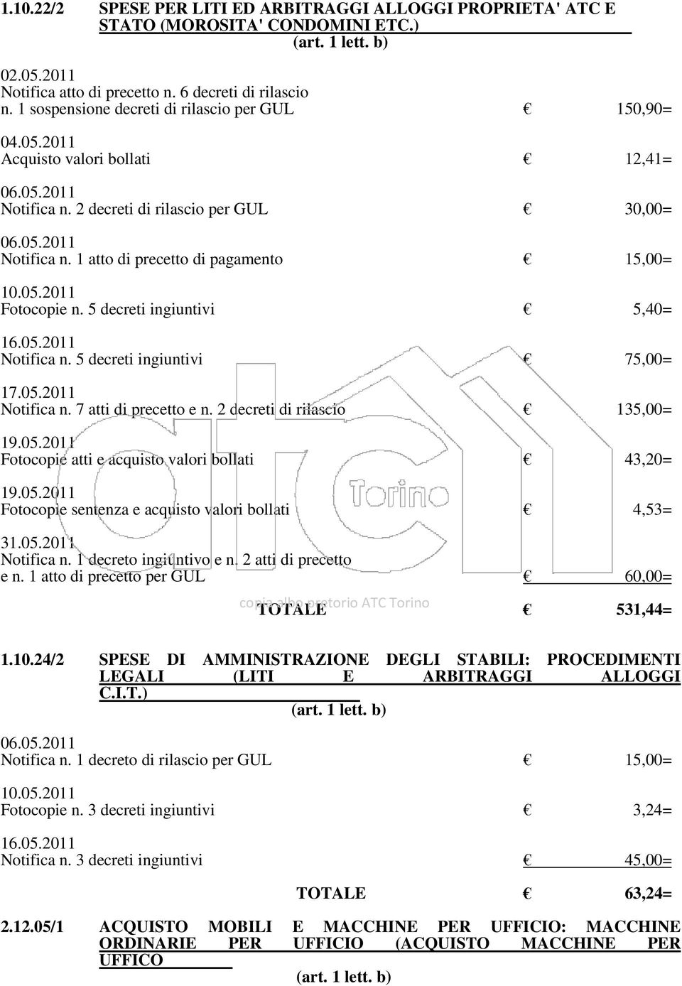 5 decreti ingiuntivi 5,40= 16.05.2011 Notifica n. 5 decreti ingiuntivi 75,00= Notifica n. 7 atti di precetto e n.